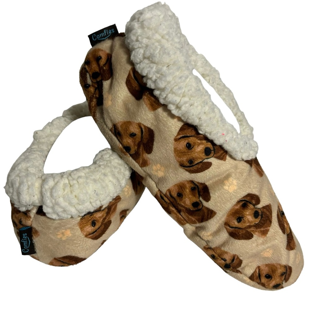 Comfies Dachshund Dog Print Sherpa lining Non skid Slippers OSFM Sz 5-11…